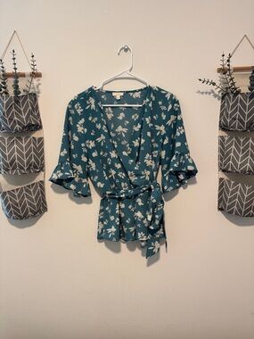 Teal Floral Wrap Top with Ruffled 3/4 Sleeves